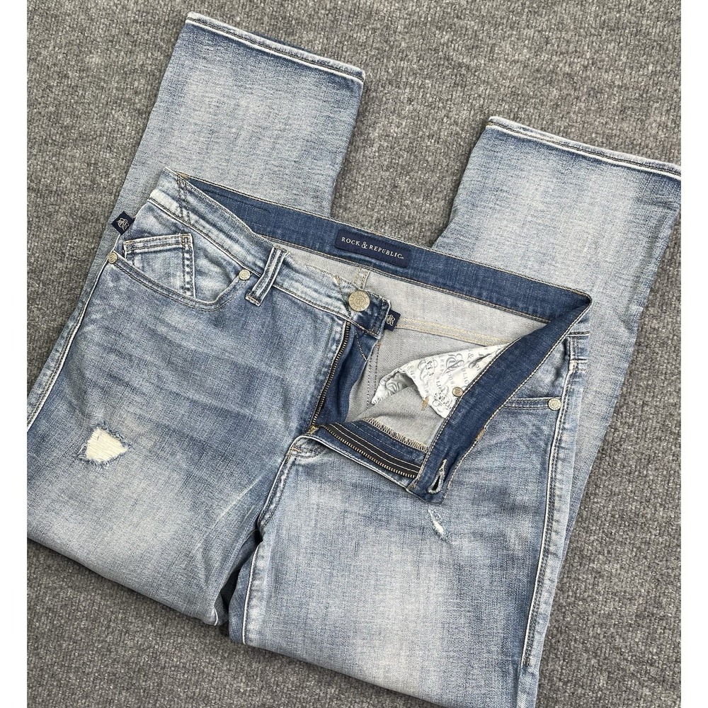 Rock & Republic Indee Jeans Women's‎ 14M Blue Straight Distressed Stretch